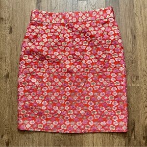 $118 J. CREW Pencil Skirt Metallic Floral Flower Jacquard Red Pink silk/wool, 10